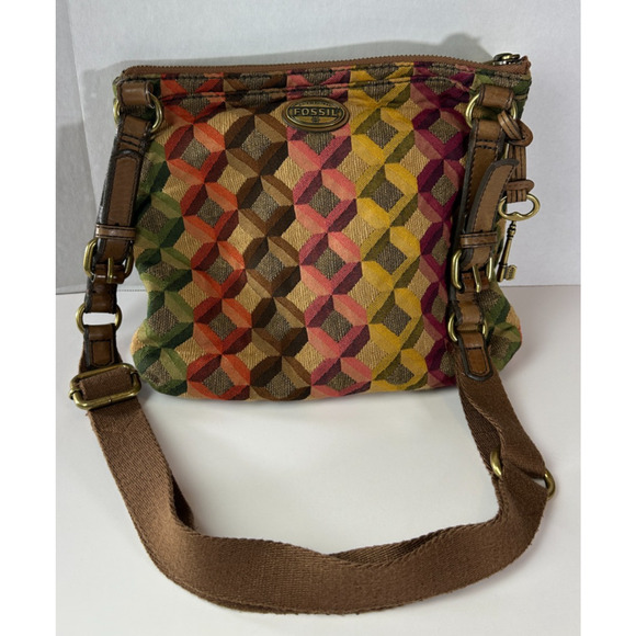 FOSSIL Diamond Tapestry Zip Crossbody Shoulder Bag Geo Hippie Boho Festival - Picture 2 of 14